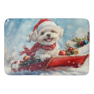 Malti Tzu Hond in Sledge Laat het Sneeuw Kerstmis Badmat
