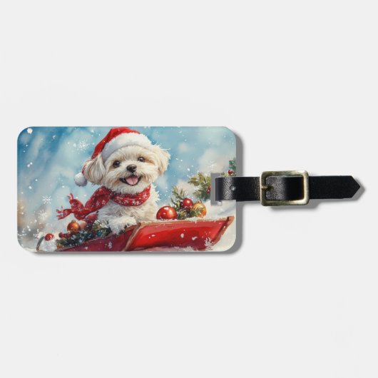 Malti Tzu Hond in Sledge Laat het Sneeuw Kerstmis Bagagelabel (Voorkant horizontaal)