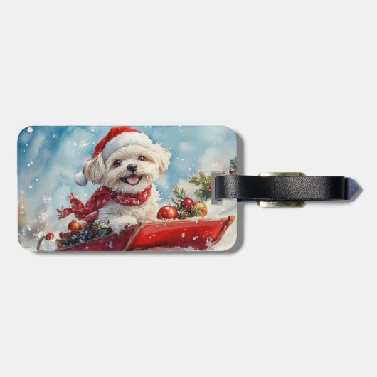 Malti Tzu Hond in Sledge Laat het Sneeuw Kerstmis Bagagelabel (Achterkant horizontaal)