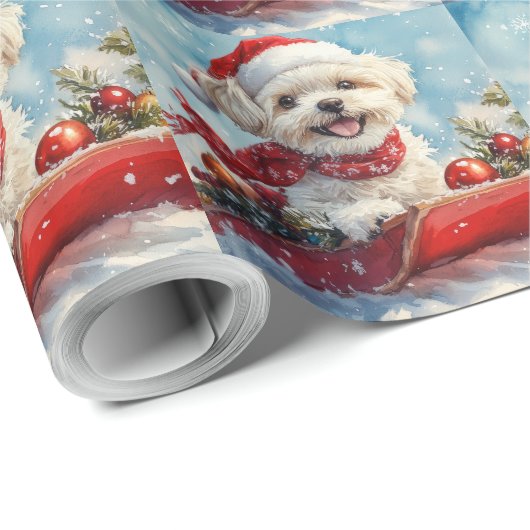 Malti Tzu Hond in Sledge Laat het Sneeuw Kerstmis Cadeaupapier (Rol Hoek)