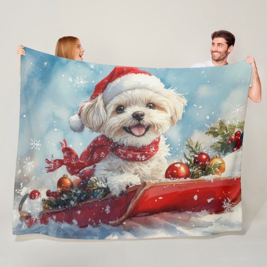 Malti Tzu Hond in Sledge Laat het Sneeuw Kerstmis Fleece Deken (In situ)