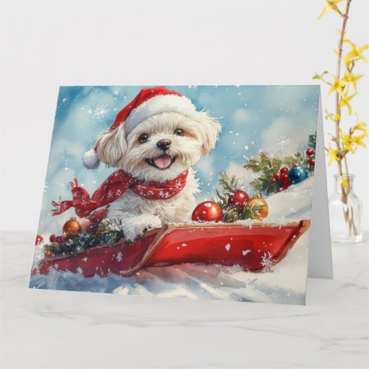 Malti Tzu Hond in Sledge Laat het Sneeuw Kerstmis Kaart (Gele Bloem)