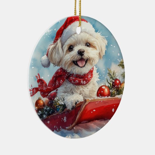 Malti Tzu Hond in Sledge Laat het Sneeuw Kerstmis Keramisch Ornament (Rechts)