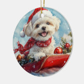 Malti Tzu Hond in Sledge Laat het Sneeuw Kerstmis Keramisch Ornament (Links)