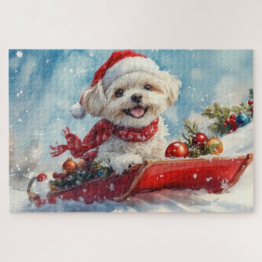 Malti Tzu Hond in Sledge Laat het Sneeuw Kerstmis Legpuzzel (Horizontaal)