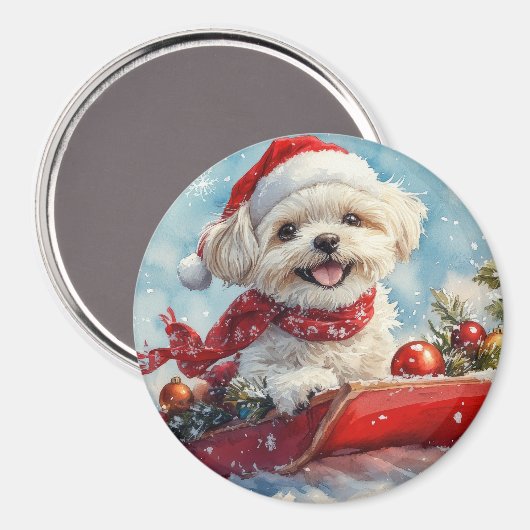 Malti Tzu Hond in Sledge Laat het Sneeuw Kerstmis Magneet (Voorkant / Achterkant)