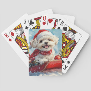 Malti Tzu Hond in Sledge Laat het Sneeuw Kerstmis Pokerkaarten