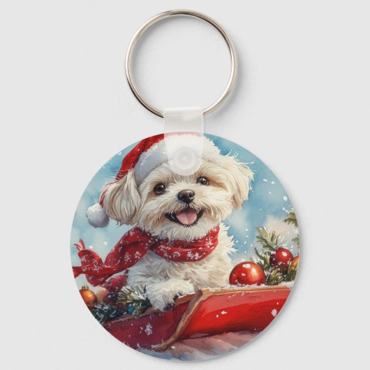Malti Tzu Hond in Sledge Laat het Sneeuw Kerstmis Sleutelhanger (Voorkant)