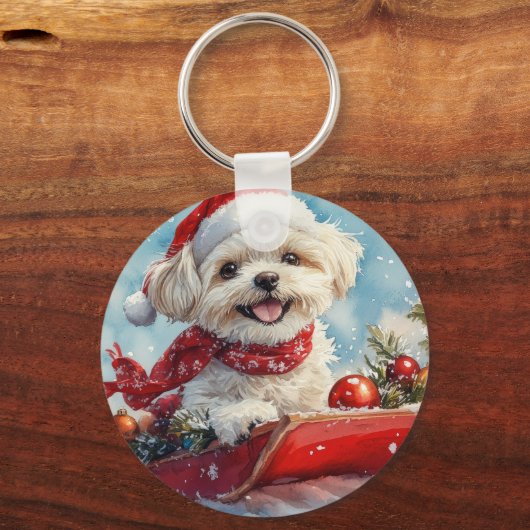Malti Tzu Hond in Sledge Laat het Sneeuw Kerstmis Sleutelhanger (Achterkant)