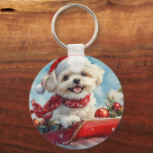 Malti Tzu Hond in Sledge Laat het Sneeuw Kerstmis Sleutelhanger (Voorkant)