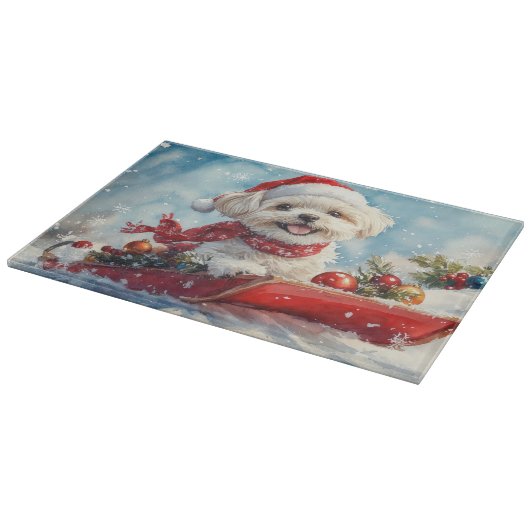 Malti Tzu Hond in Sledge Laat het Sneeuw Kerstmis Snijplank (Hoek)