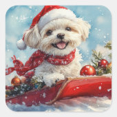 Malti Tzu Hond in Sledge Laat het Sneeuw Kerstmis Vierkante Sticker (Voorkant)
