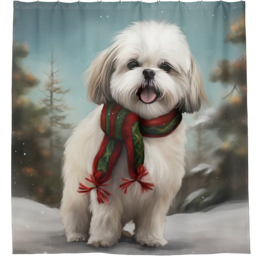 Malti Tzu Hond in Sneeuw Kerstmis Douchegordijn (Voorkant)