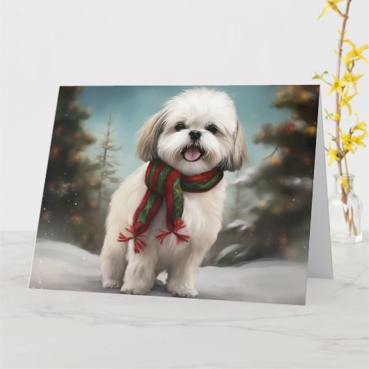 Malti Tzu Hond in Sneeuw Kerstmis Kaart (Gele Bloem)