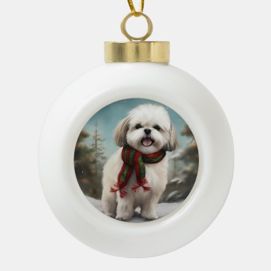 Malti Tzu Hond in Sneeuw Kerstmis Keramische Bal Ornament (Voorkant)