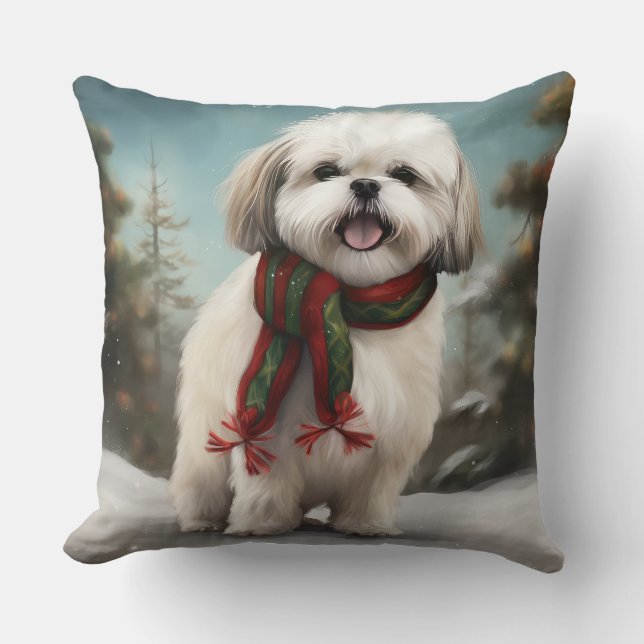 Malti Tzu Hond in Sneeuw Kerstmis Kussen (Voorkant)