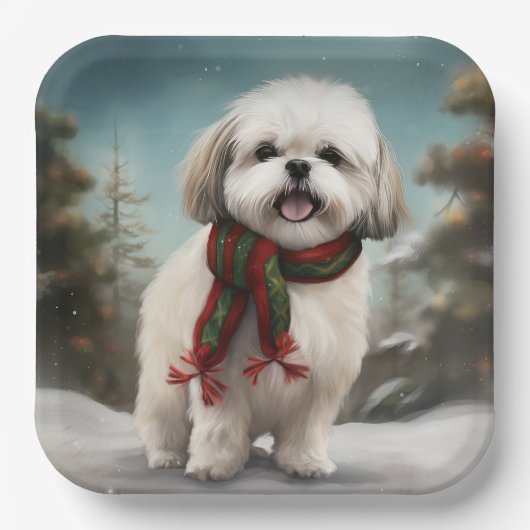 Malti Tzu Hond in Sneeuw Kerstmis Papieren Bordje (Voorkant)