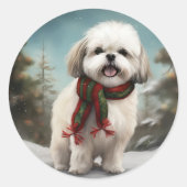 Malti Tzu Hond in Sneeuw Kerstmis Ronde Sticker (Voorkant)