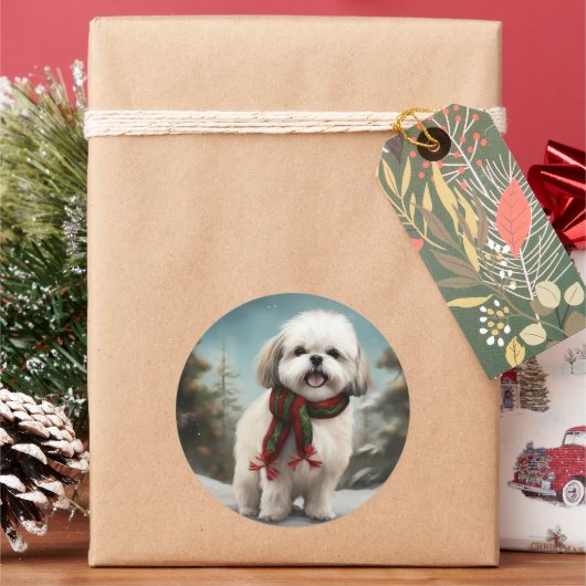 Malti Tzu Hond in Sneeuw Kerstmis Ronde Sticker (Feestdagen)