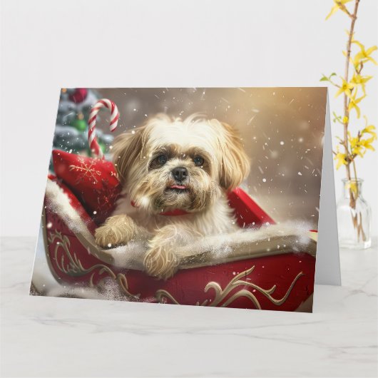 Malti Tzu Hond Kerstfeest Kaart (Gele Bloem)