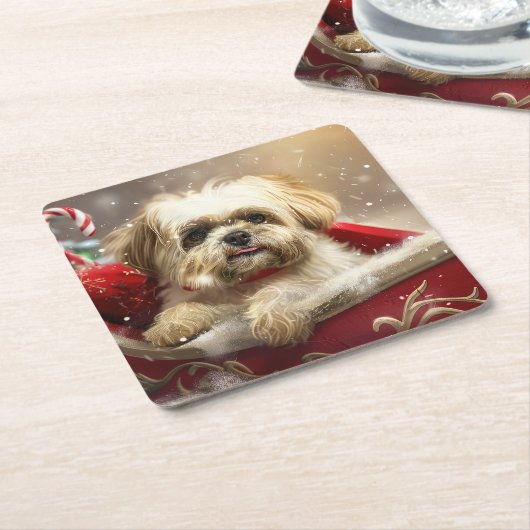 Malti Tzu Hond Kerstfeest Kartonnen Onderzetters (Schuin)