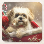 Malti Tzu Hond Kerstfeest Kartonnen Onderzetters (Voorkant)
