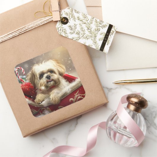 Malti Tzu Hond Kerstfeest Vierkante Sticker (Geschenken)