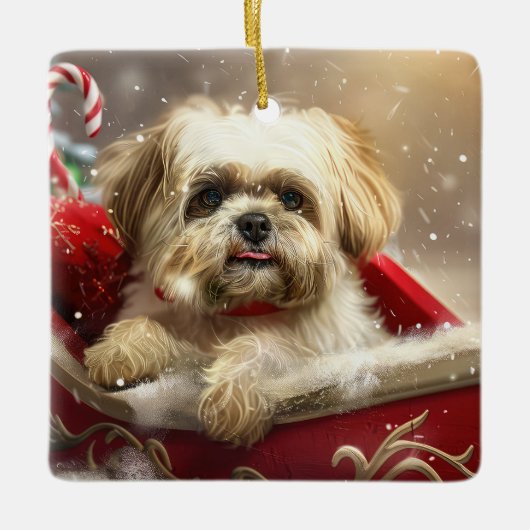 Malti Tzu hond Kerstmis Feestelijk Keramisch Ornament (Voorkant)