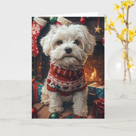Malti Tzu hond met kerstcadeaus open haard Kaart (Gele Bloem)