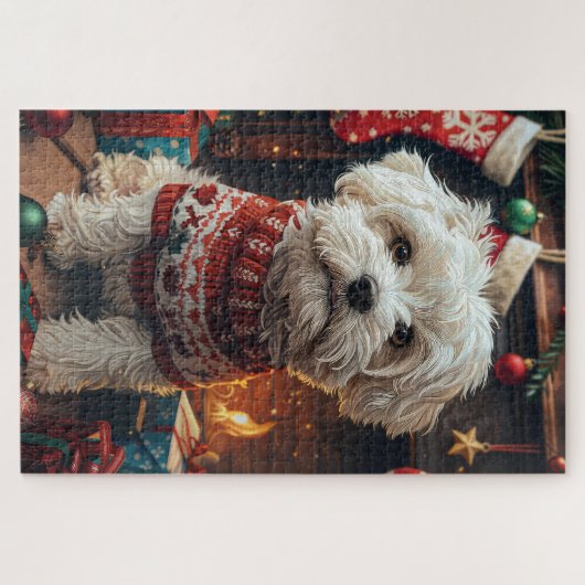Malti Tzu hond met kerstcadeaus open haard Legpuzzel (Horizontaal)