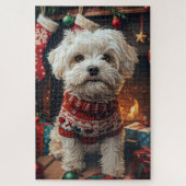 Malti Tzu hond met kerstcadeaus open haard Legpuzzel (Verticaal)