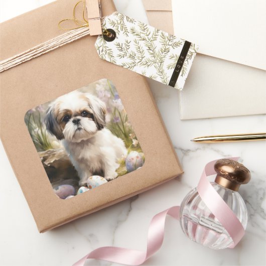 Malti Tzu Hond met Paaseieren Vakantie Vierkante Sticker (Geschenken)
