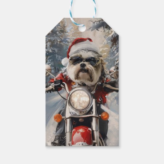 Malti Tzu Hond Rijden Motorfiets Kerstmis Cadeaulabel (Voorkant)