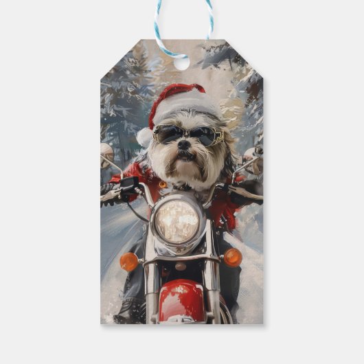Malti Tzu Hond Rijden Motorfiets Kerstmis Cadeaulabel (Achterkant)