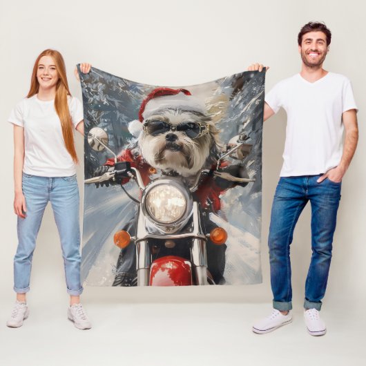 Malti Tzu Hond Rijden Motorfiets Kerstmis Fleece Deken (In situ)