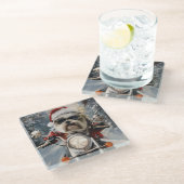 Malti Tzu Hond Rijden Motorfiets Kerstmis Glazen Onderzetter (Schuin)