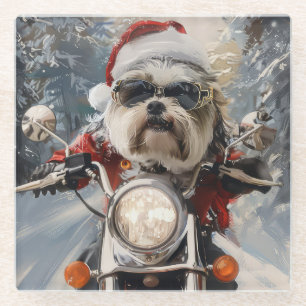 Malti Tzu Hond Rijden Motorfiets Kerstmis Glazen Onderzetter