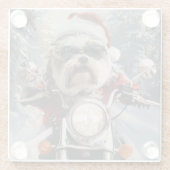 Malti Tzu Hond Rijden Motorfiets Kerstmis Glazen Onderzetter (Achterkant)
