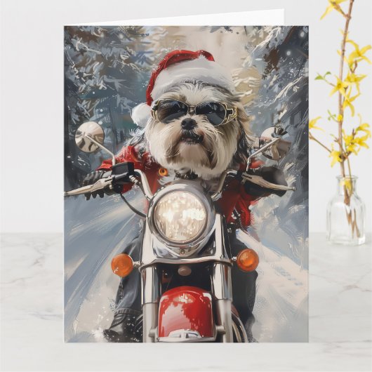 Malti Tzu Hond Rijden Motorfiets Kerstmis Kaart (Gele Bloem)
