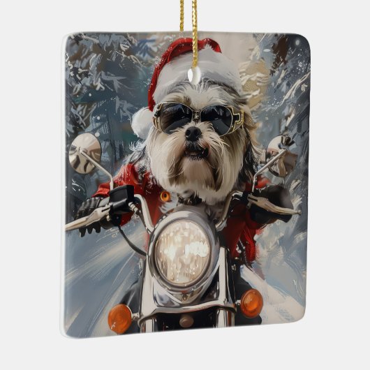 Malti Tzu Hond Rijden Motorfiets Kerstmis Keramisch Ornament (Rechts)