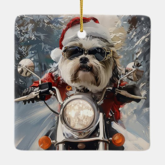 Malti Tzu Hond Rijden Motorfiets Kerstmis Keramisch Ornament (Achterkant)