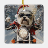 Malti Tzu Hond Rijden Motorfiets Kerstmis Keramisch Ornament (Voorkant)