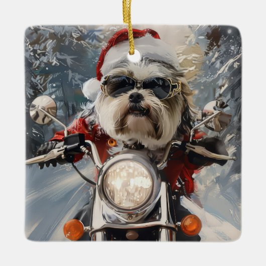 Malti Tzu Hond Rijden Motorfiets Kerstmis Keramisch Ornament (Voorkant)