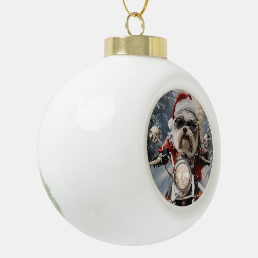 Malti Tzu Hond Rijden Motorfiets Kerstmis Keramische Bal Ornament (Links)