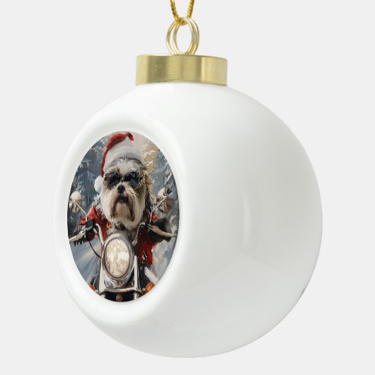 Malti Tzu Hond Rijden Motorfiets Kerstmis Keramische Bal Ornament (Rechts)