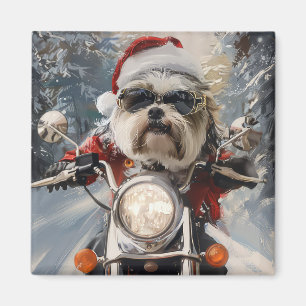 Malti Tzu Hond Rijden Motorfiets Kerstmis Magneet