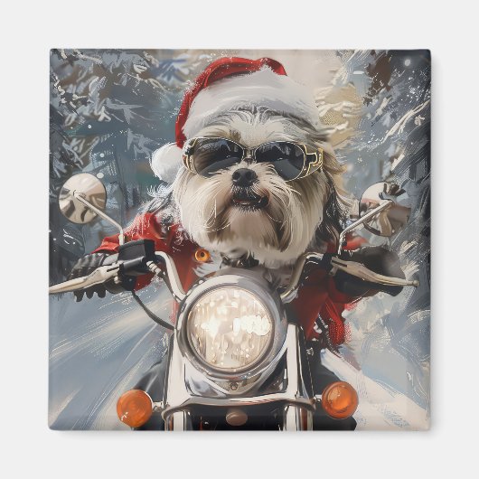Malti Tzu Hond Rijden Motorfiets Kerstmis Magneet (Voorkant)