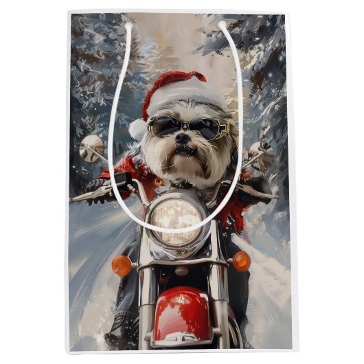 Malti Tzu Hond Rijden Motorfiets Kerstmis Medium Cadeauzakje (Voorkant)