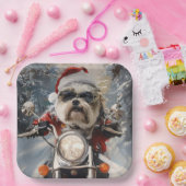 Malti Tzu Hond Rijden Motorfiets Kerstmis Papieren Bordje (Feest)