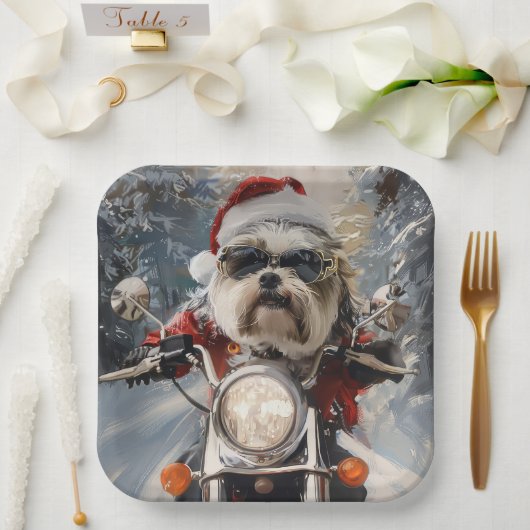 Malti Tzu Hond Rijden Motorfiets Kerstmis Papieren Bordje (Huwelijk)